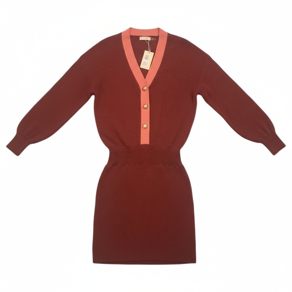 NWT Ramy Brook Andrea Knit Dress Burgundy with Pink Trim Size Medium